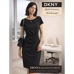 DKNY Black Sheath Sz 12 Side Ruched Asymmetrical Neck Work Cocktail